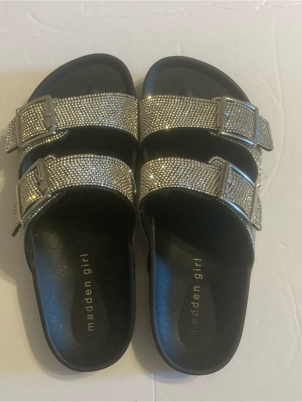 Madden Girl 6.5 Silver Rhinestone Slide Sandals